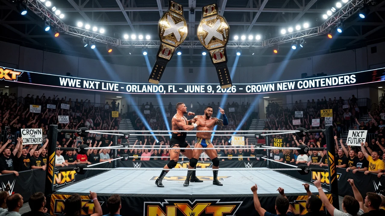 WWE NXT wrestlers battling in the ring at the Performance Center to determine new championship contenders.