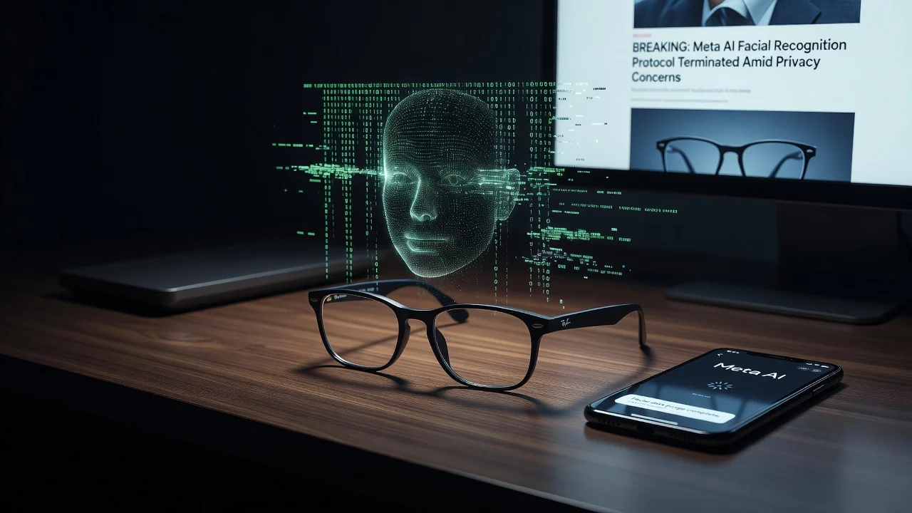 Illustration of Ray-Ban Meta smart glasses with code being removed, representing the deletion of facial recognition features.
