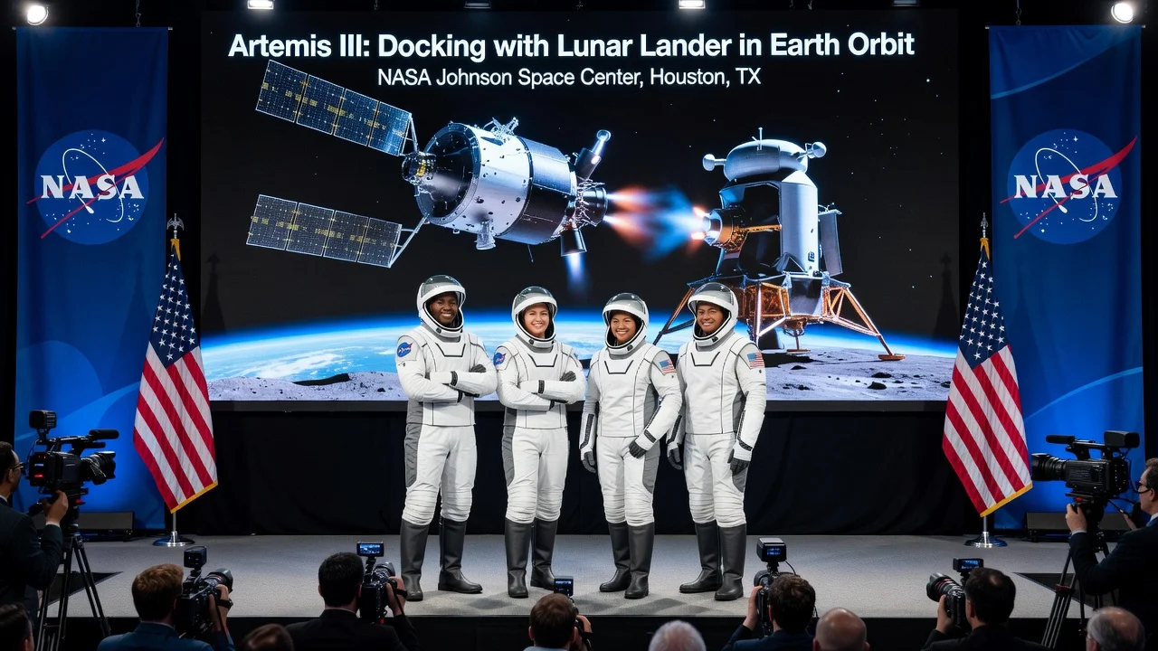 Four NASA astronauts posing at a press conference at Johnson Space Center with a display of lunar docking mission in the background.