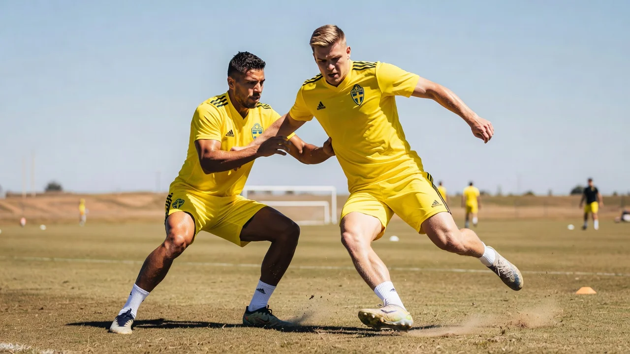 Hjalmar Ekdal and Viktor Gyökeres in a physical duel during Sweden's training session in Dallas.