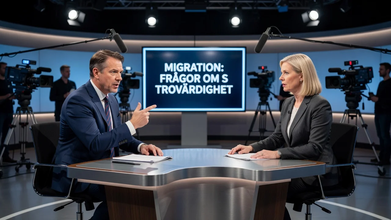 Jimmie Åkesson debating with Magdalena Andersson on migration policy in a TV studio.