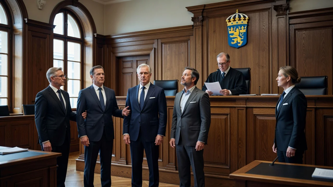 Realistic courtroom illustration of judge acquitting CEO and elevator installers in fatal 2023 Sundbyberg accident case.