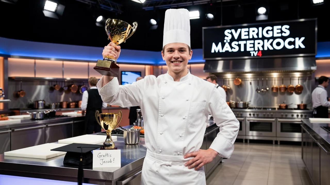 Jacob Jansson, the 18-year-old winner of Sweden's Master Chef, celebrating with a trophy in a TV studio on his graduation day.