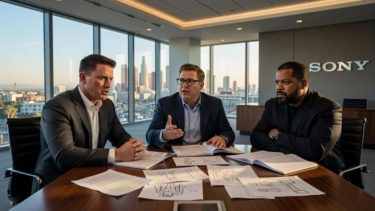 Illustration of Channing Tatum, Jonah Hill, and Ice Cube discussing 24 Jump Street at Sony Pictures.