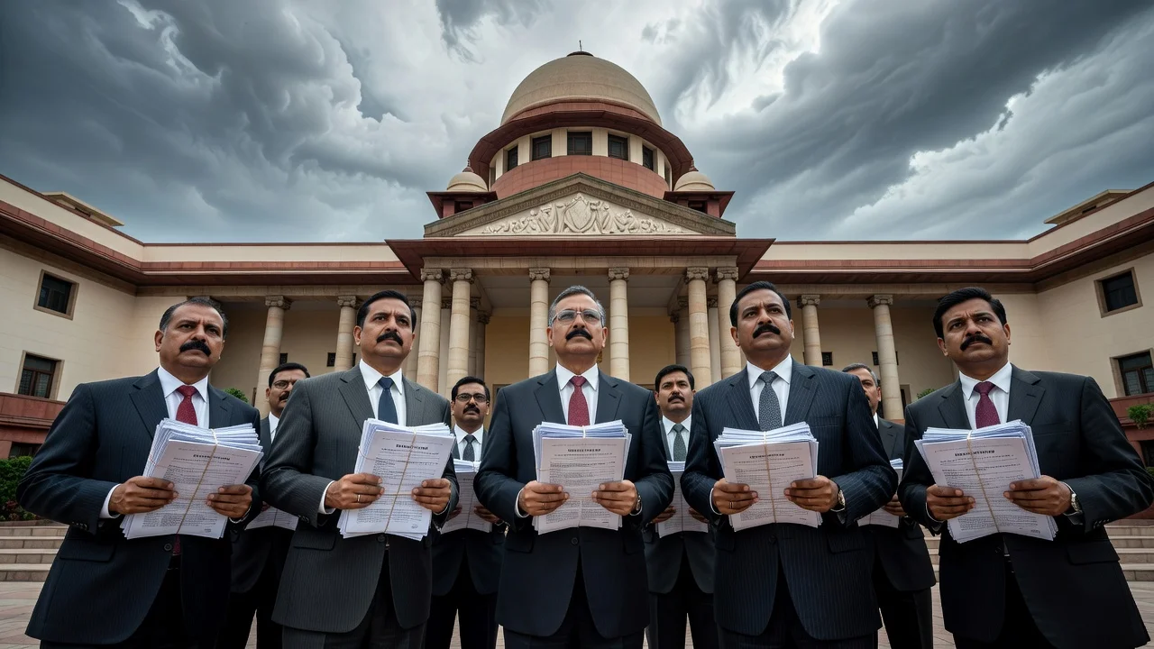 Congress leaders outside the Supreme Court building with legal documents, illustrating the challenge over Meenakshi Natarajan's nomination rejection.