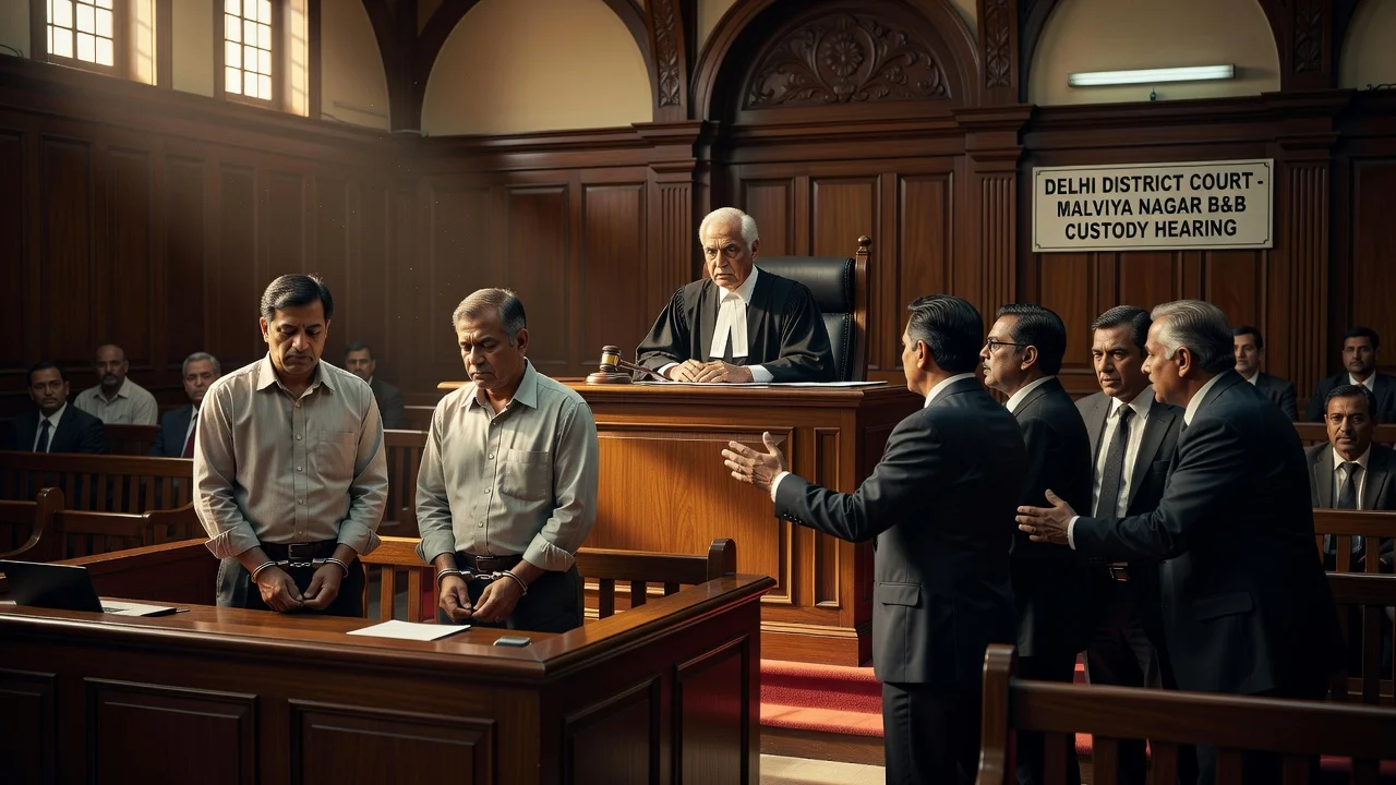 Delhi court scene showing B&B owner and accountant remanded to custody after a fatal fire.