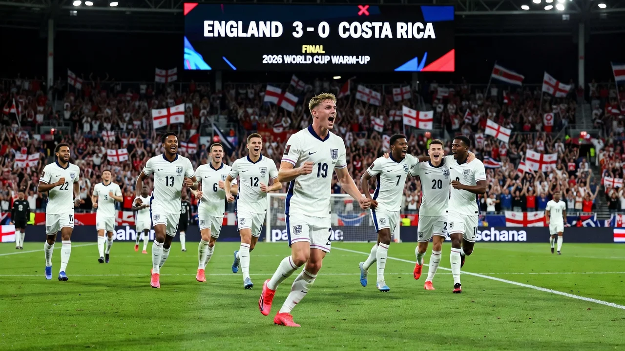 England football team celebrating a 3-0 win against Costa Rica in Orlando, with Anthony Gordon in action.