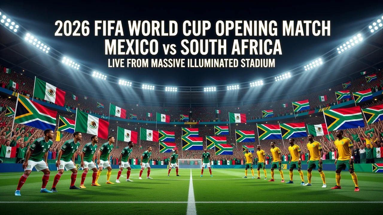 Vivid realistic photo of Mexico vs South Africa at the 2026 World Cup opening match in a night stadium with cheering fans.