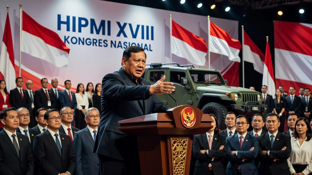 President Prabowo Subianto speaking passionately at HIPMI congress podium with audience and flags
