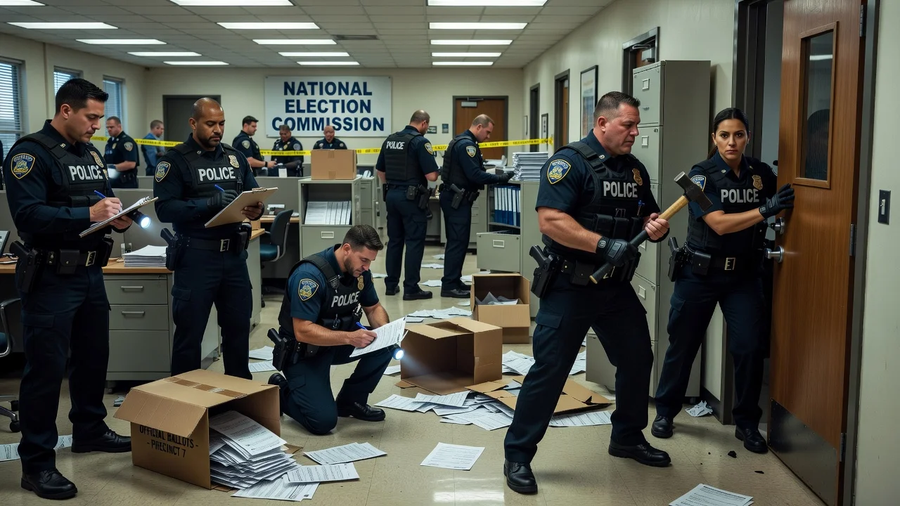 Police raiding the election commission headquarters over ballot shortages.