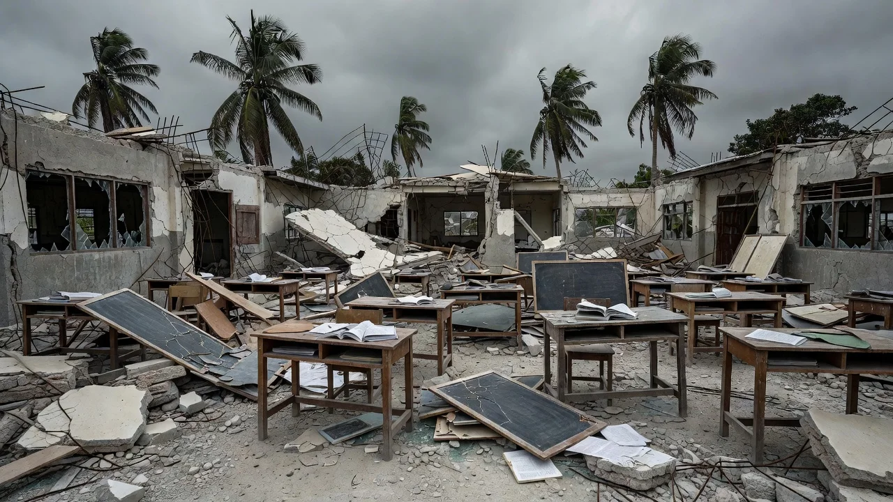 Collapsed classrooms in Mindanao following a powerful earthquake, illustrating the destruction of 1,462 schoolrooms.