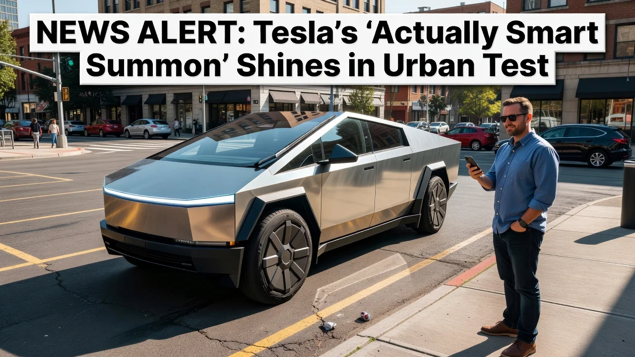 A Tesla Cybertruck using the Actually Smart Summon feature in a parking lot.