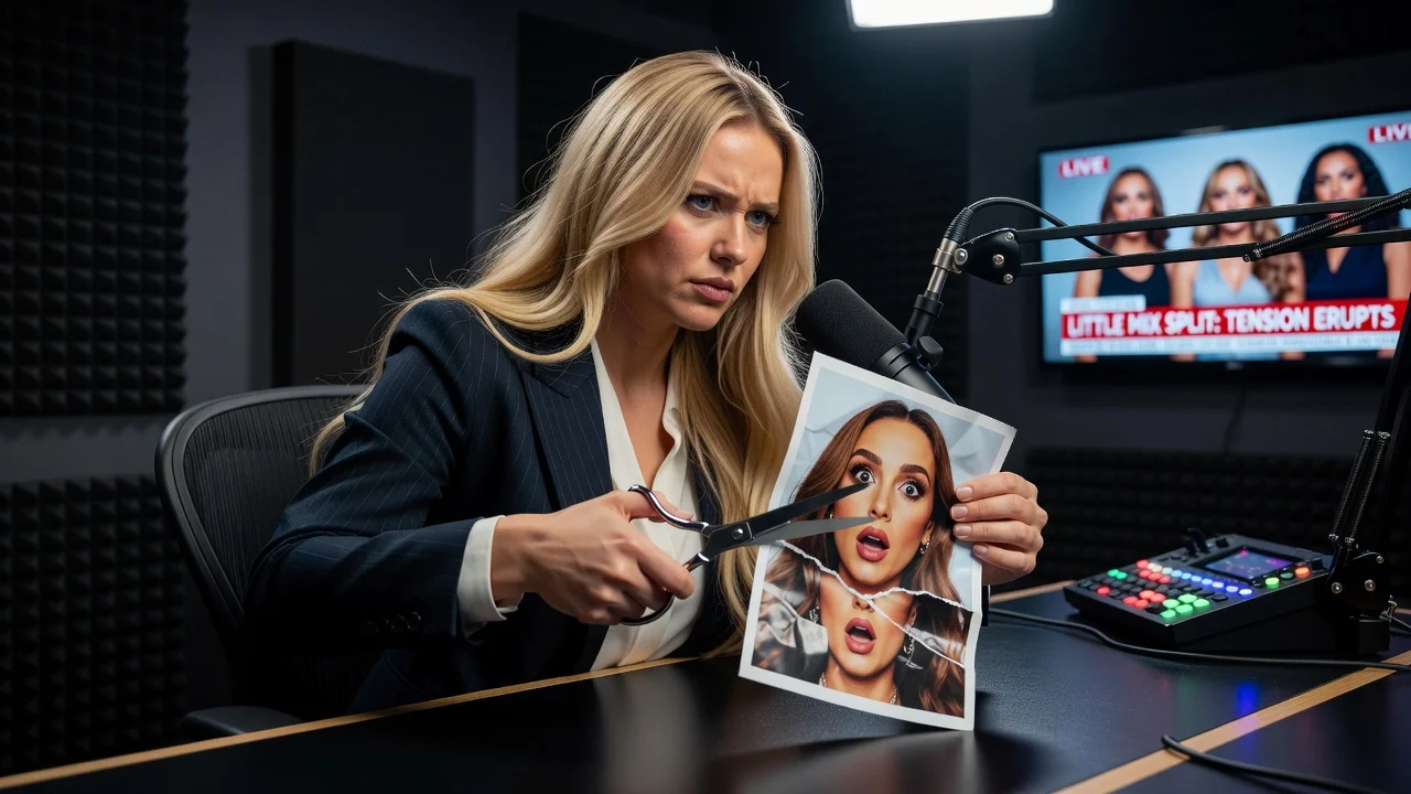 Perrie Edwards cutting Jesy Nelson out of a photo in a podcast studio