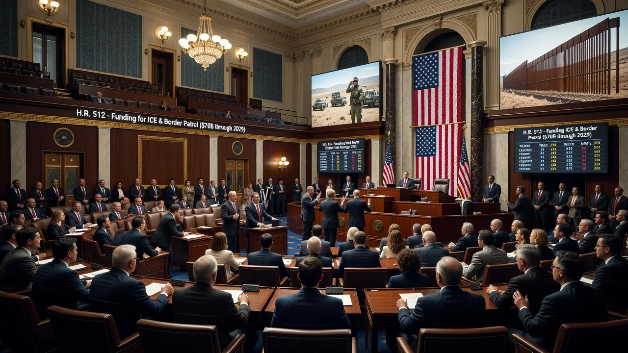Illustration of the House passing a bill to fund ICE and Border Patrol with $70 billion through 2029.