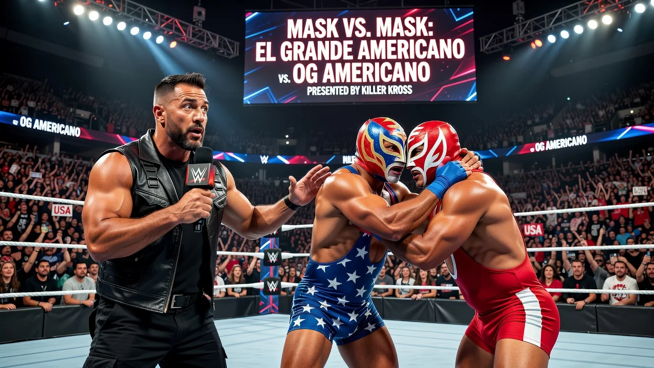 Illustration of Killer Kross commenting on a WWE mask versus mask wrestling match.