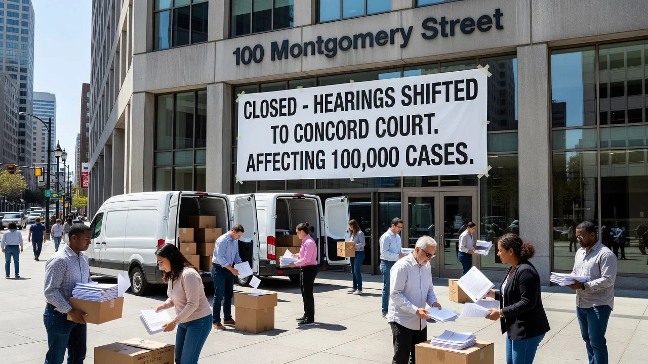 Closed San Francisco immigration courthouse with people relocating case files amid abrupt hearing stoppage.