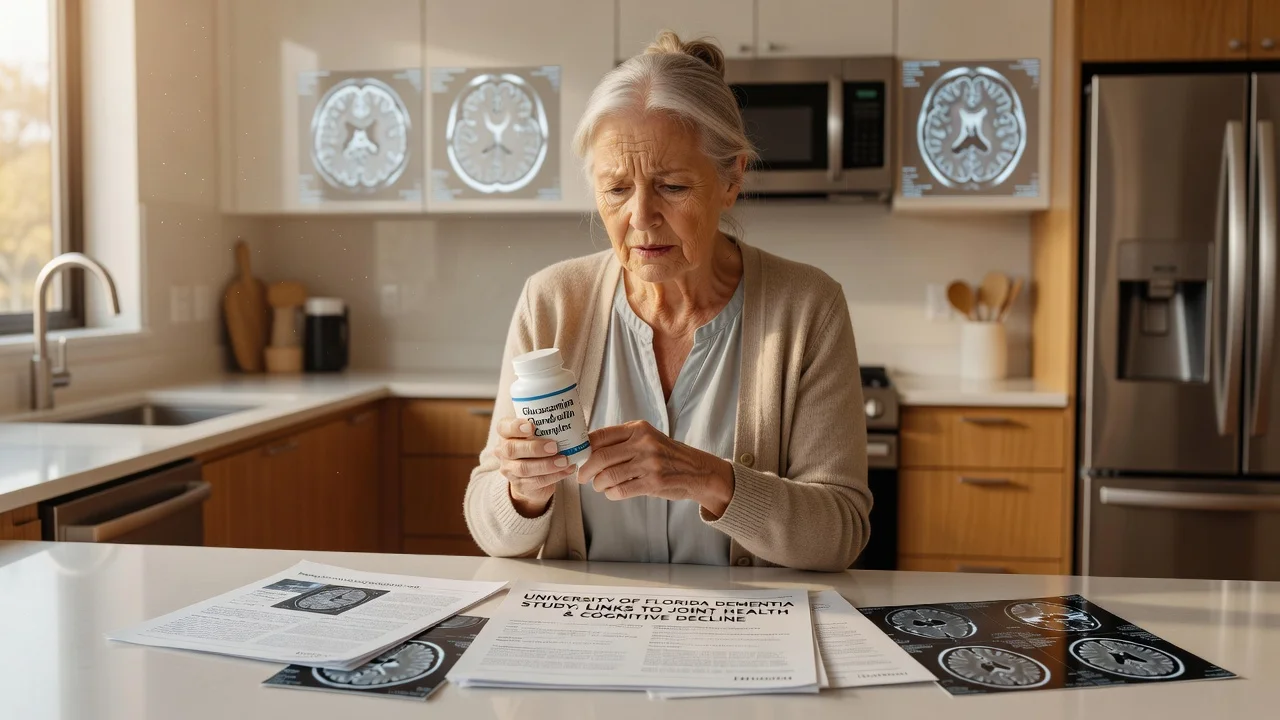 Elderly woman holding glucosamine bottle with concerned look, medical documents on dementia study nearby