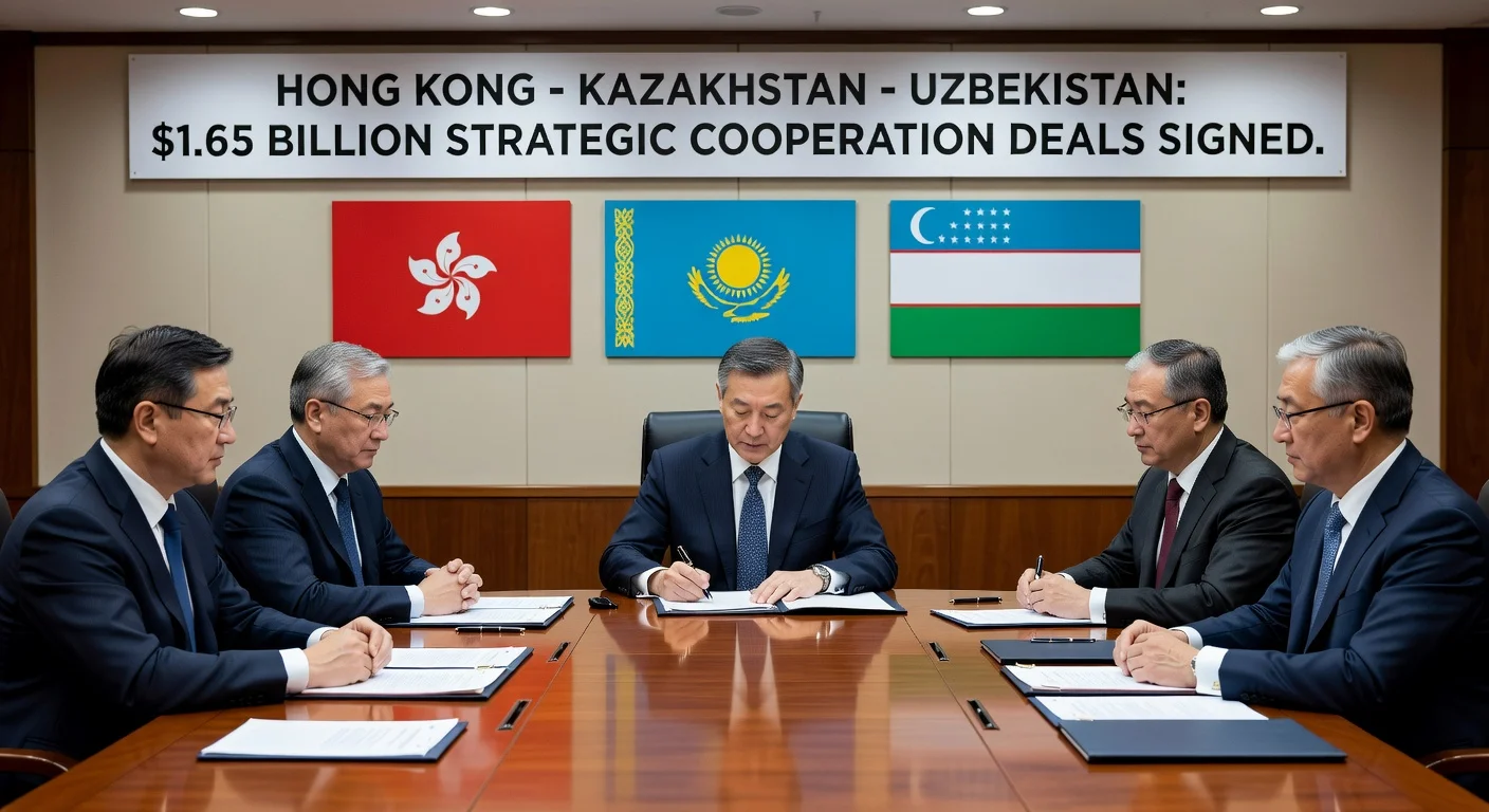 Hong Kong officials signing trade agreements with Kazakhstan and Uzbekistan representatives.