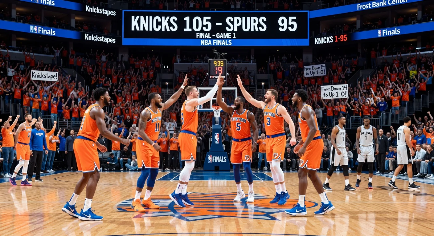 Knicks players celebrating victory over Spurs in NBA Finals Game 1
