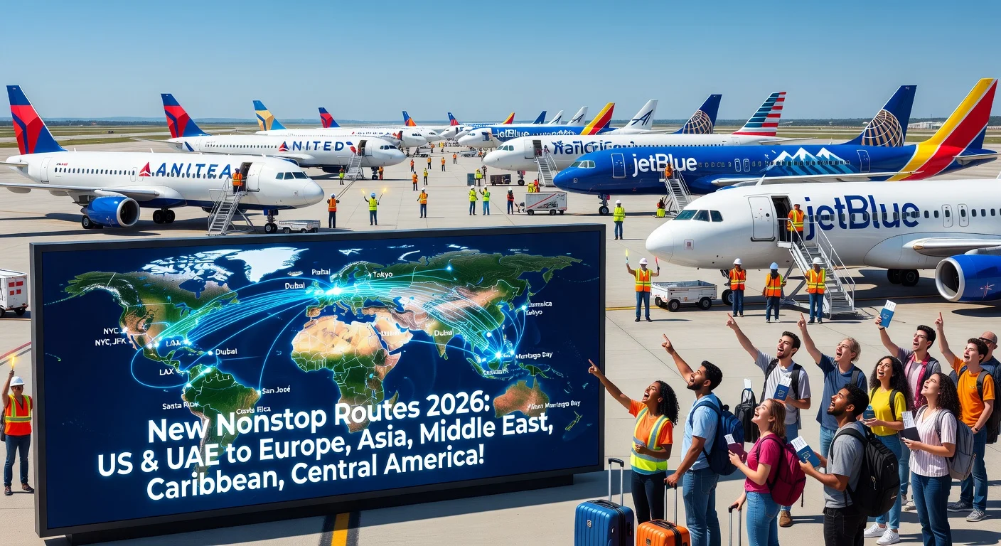 Airport scene illustrating new 2026 nonstop airline routes connecting US, UAE to global destinations.