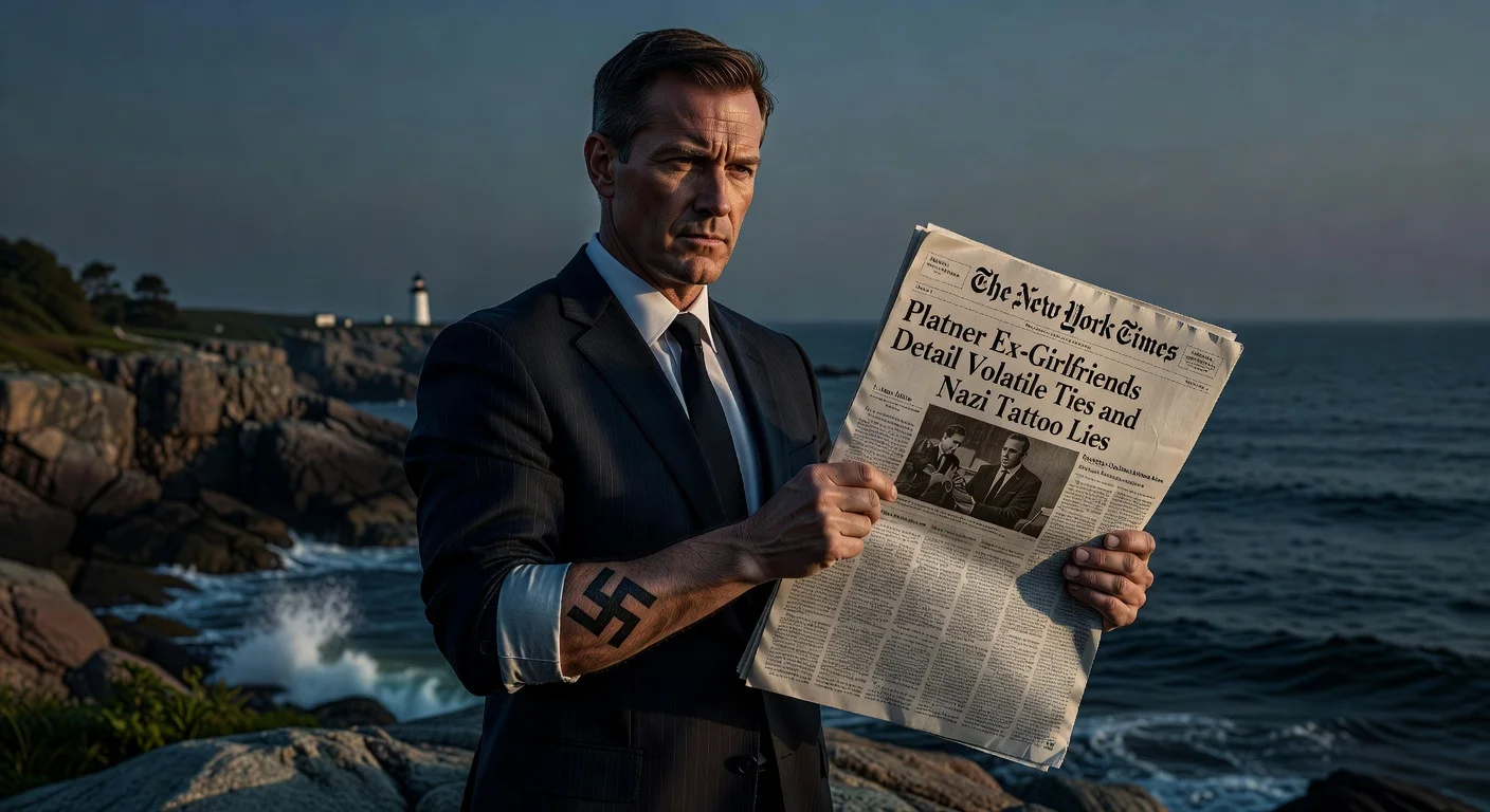 Illustration of Graham Platner beside a New York Times page detailing ex-girlfriend allegations about his Nazi tattoo.