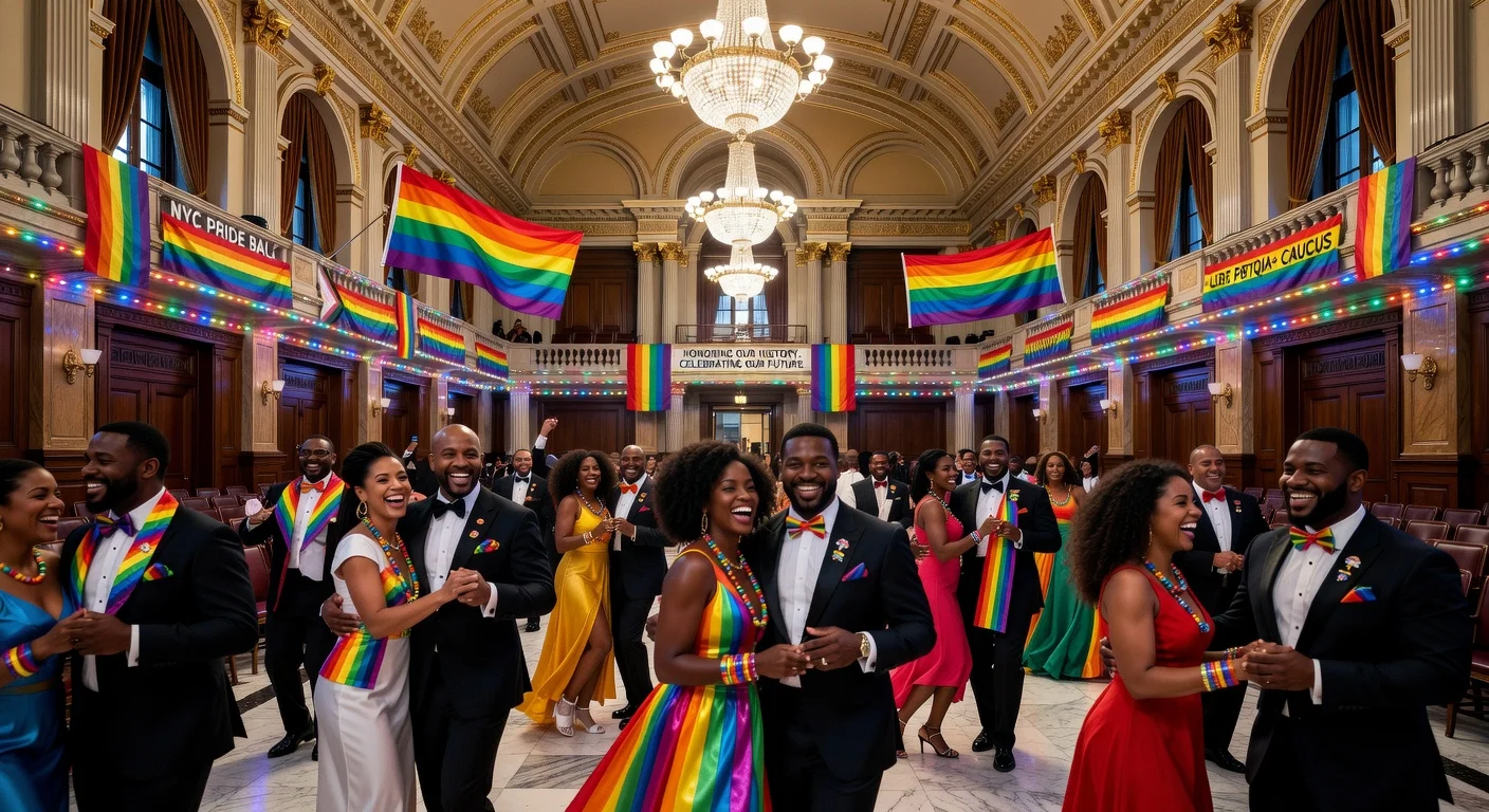 New York City Council members and guests at a Pride Ball in the council chambers, featuring rainbow decorations and festive celebrations.