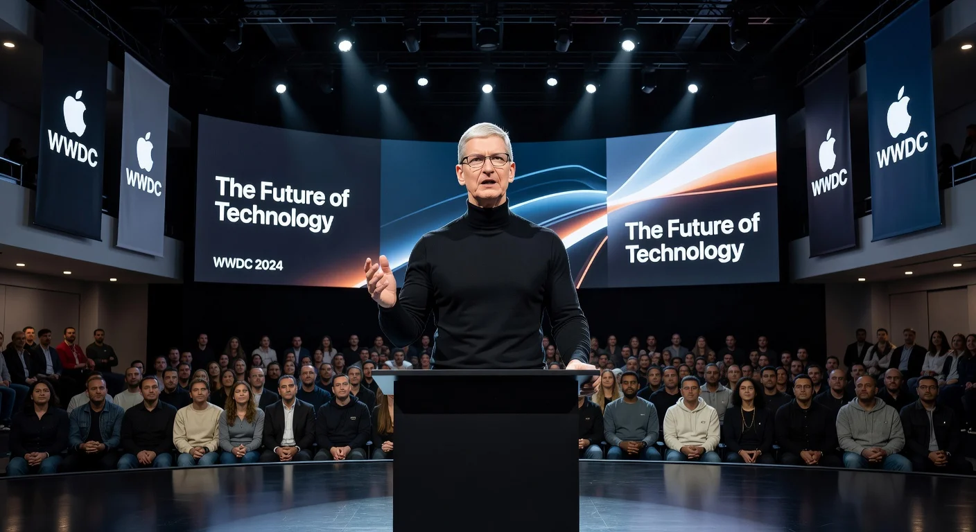 Illustration of Tim Cook giving his last WWDC keynote speech on stage.
