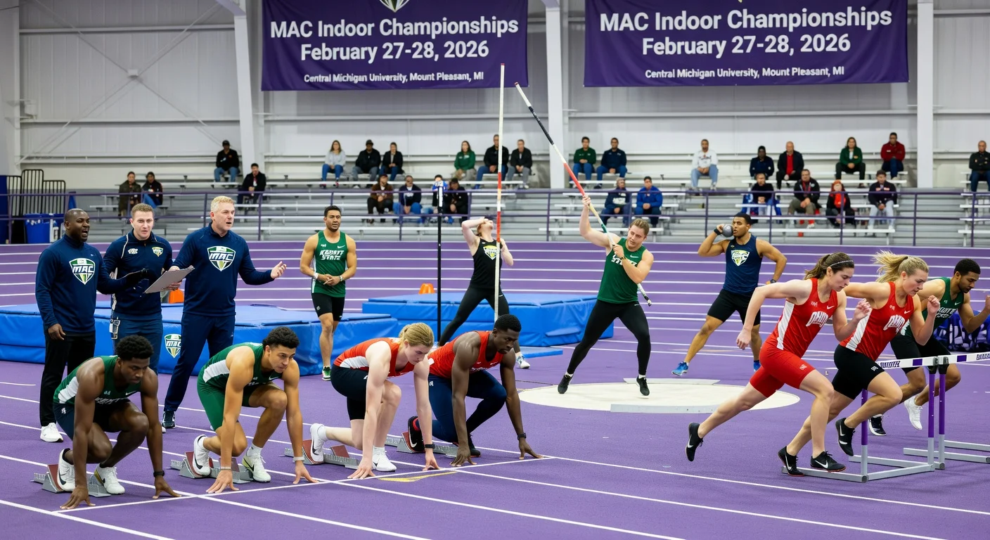 MAC indoor track athletes from Kent State, Ohio, and Central Michigan warming up for the 2026 championships.