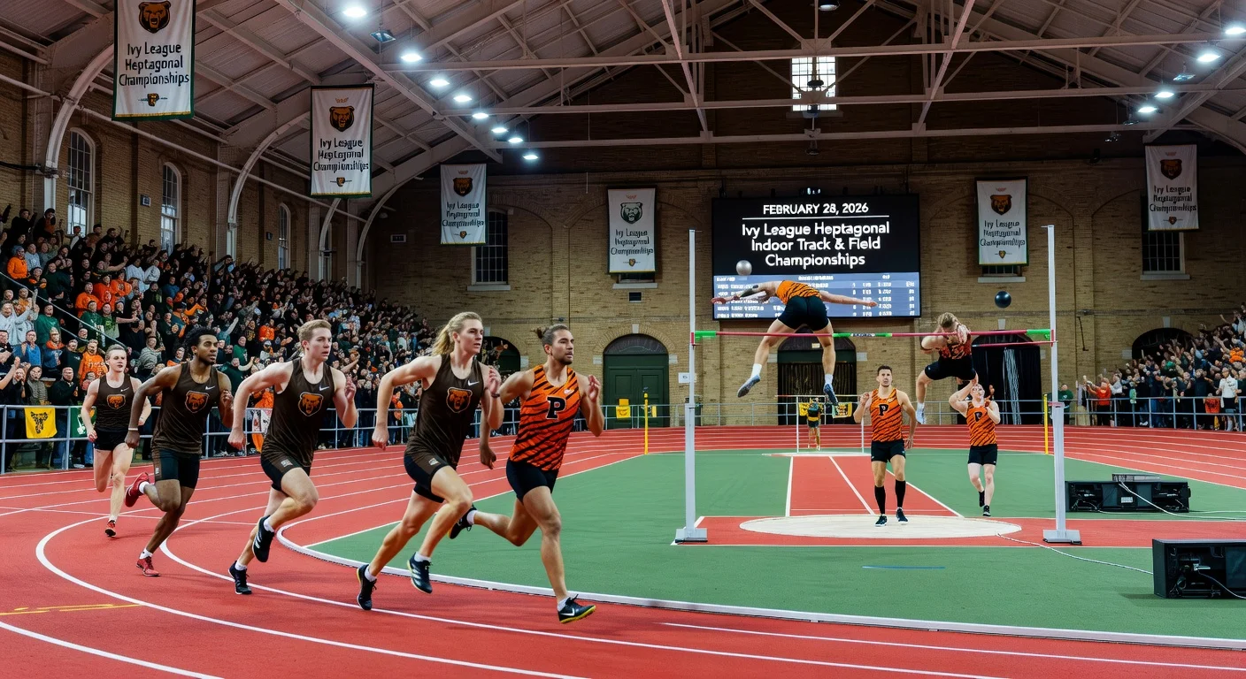 Athletes from Brown and Princeton competing in the Ivy League Indoor Track Championships at The Armory, NYC.