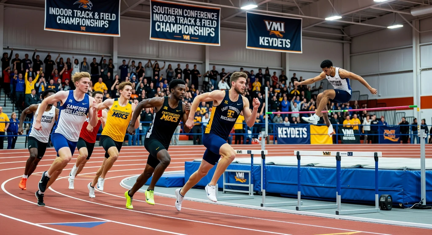 Southern Conference indoor track athletes from Samford, Chattanooga, and ETSU compete at the VMI-hosted championships in Lexington, Virginia.