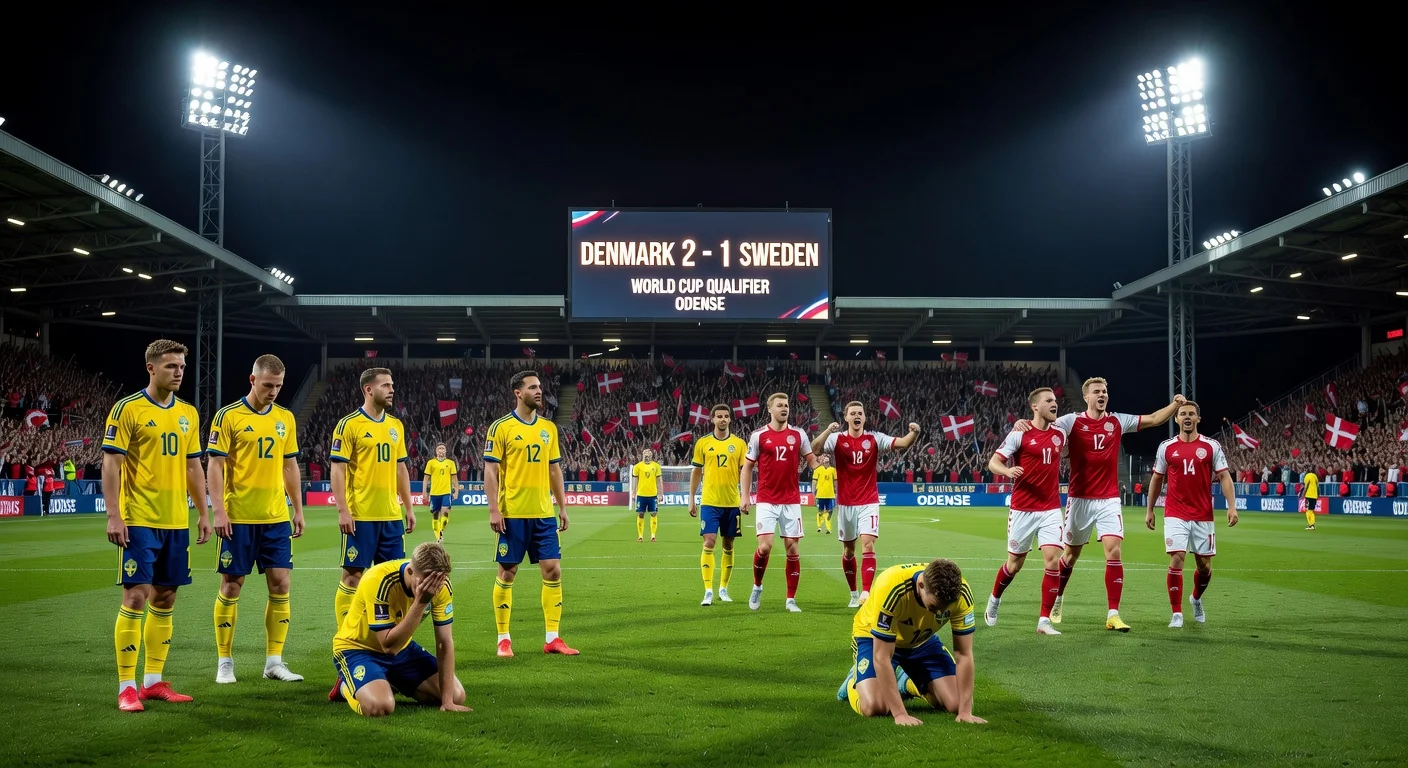Dejected Swedish football players after a 1-2 loss to Denmark in a World Cup qualifier match.