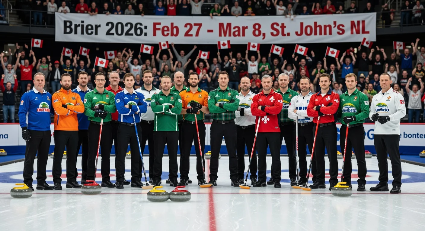 Photorealistic illustration of curling teams assembled on ice for the 2026 Brier championship announcement in St. John's.