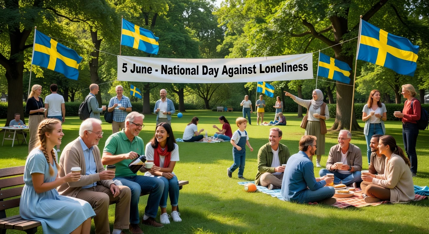 A photorealistic scene of a community gathering in a Swedish park for the National Day Against Loneliness, with people socializing under Swedish flags.
