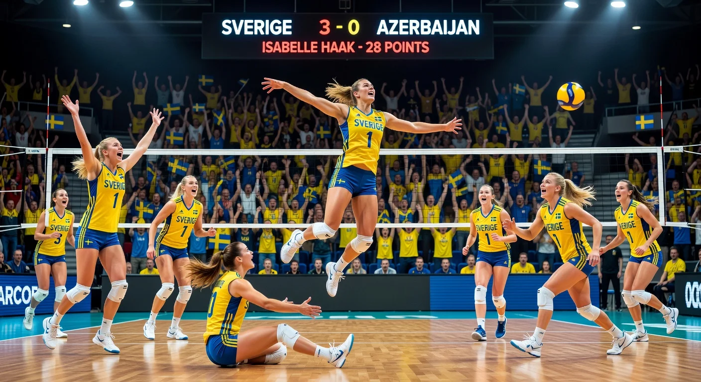 Swedish women's volleyball team celebrates 3-0 victory over Azerbaijan with Isabelle Haak spiking the ball.