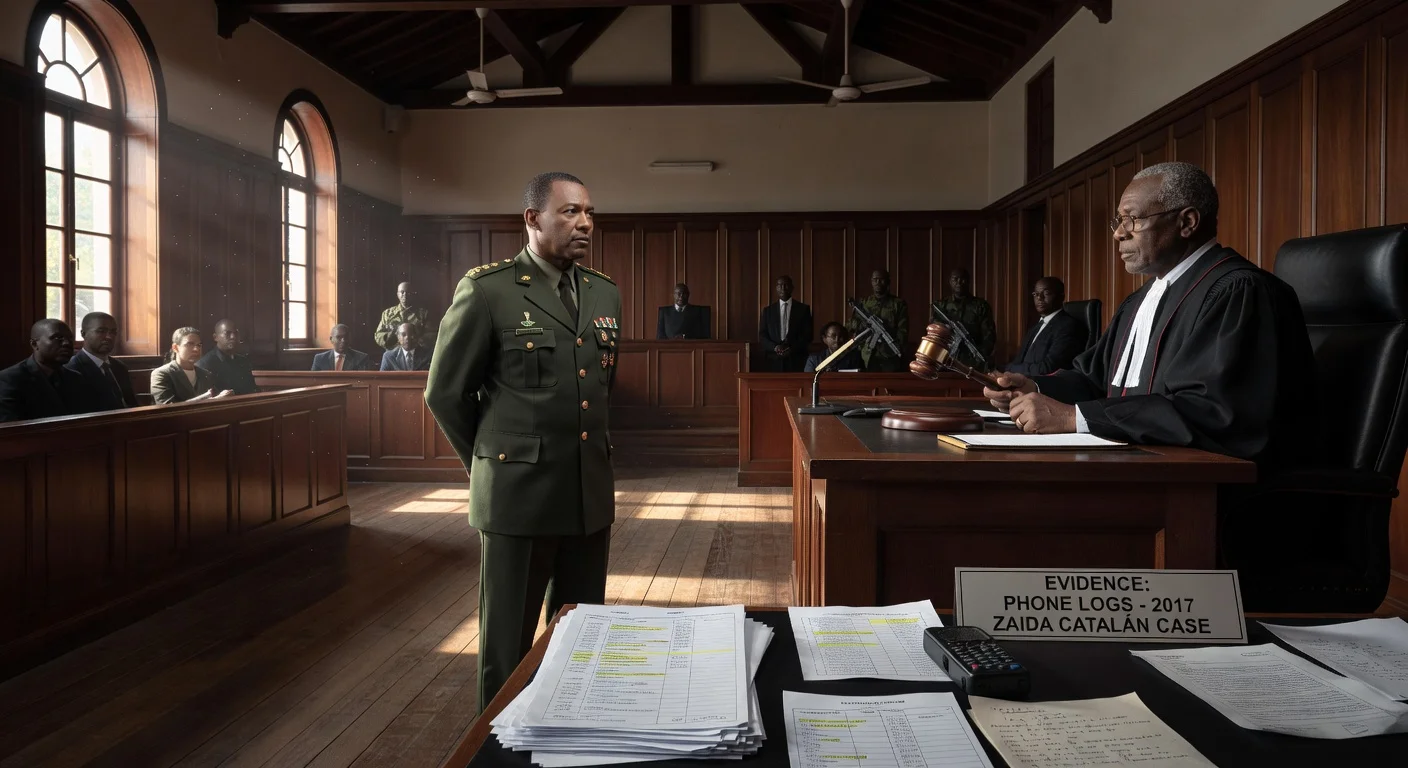 Illustration of a Congolese colonel being sentenced to death in court for murdering Zaida Catalán, with phone logs evidence.