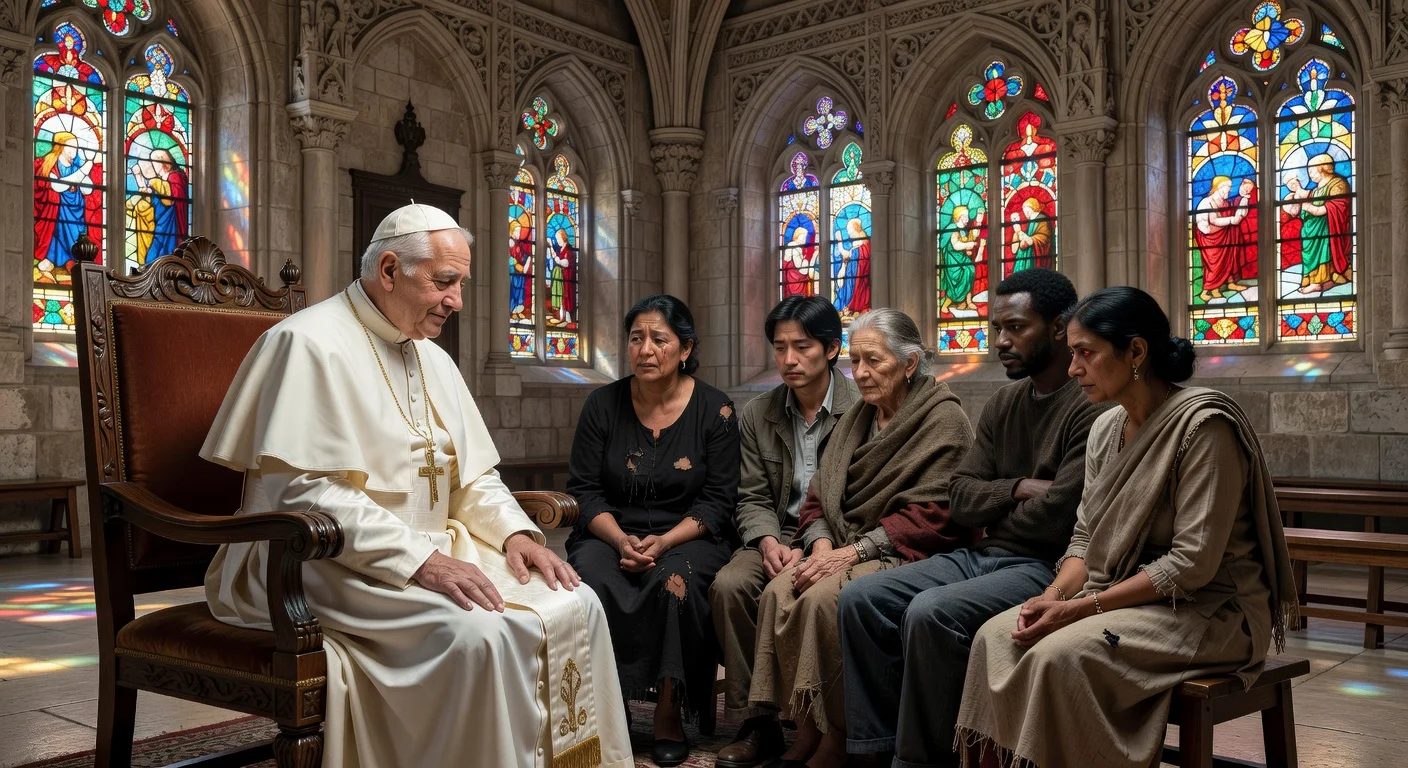 Pope León XIV meeting with victims of sexual abuse by clergy during his trip to Spain.