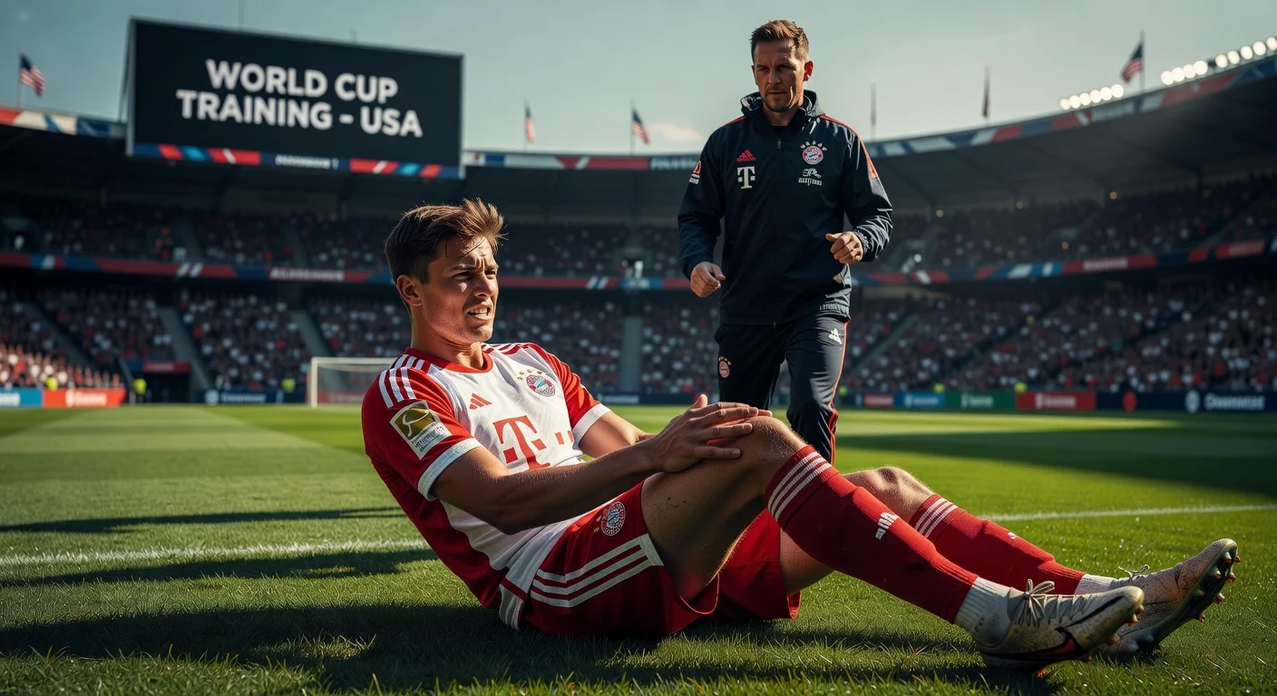 Injured young footballer Lennart Karl on the pitch during World Cup training, with concerned coach in background.