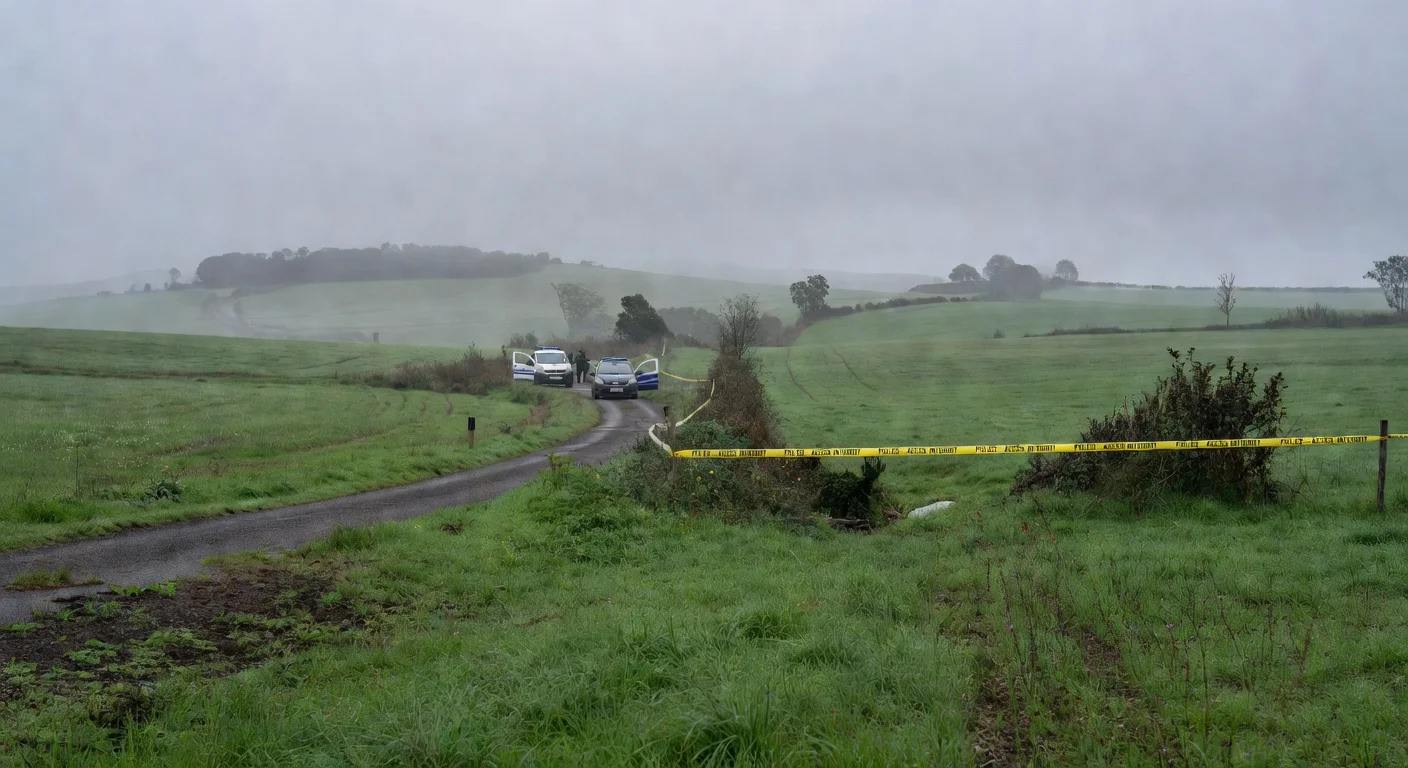 Rural landscape in Gers near Puycasquier with distant police activity, illustrating the discovery site in a somber news context.