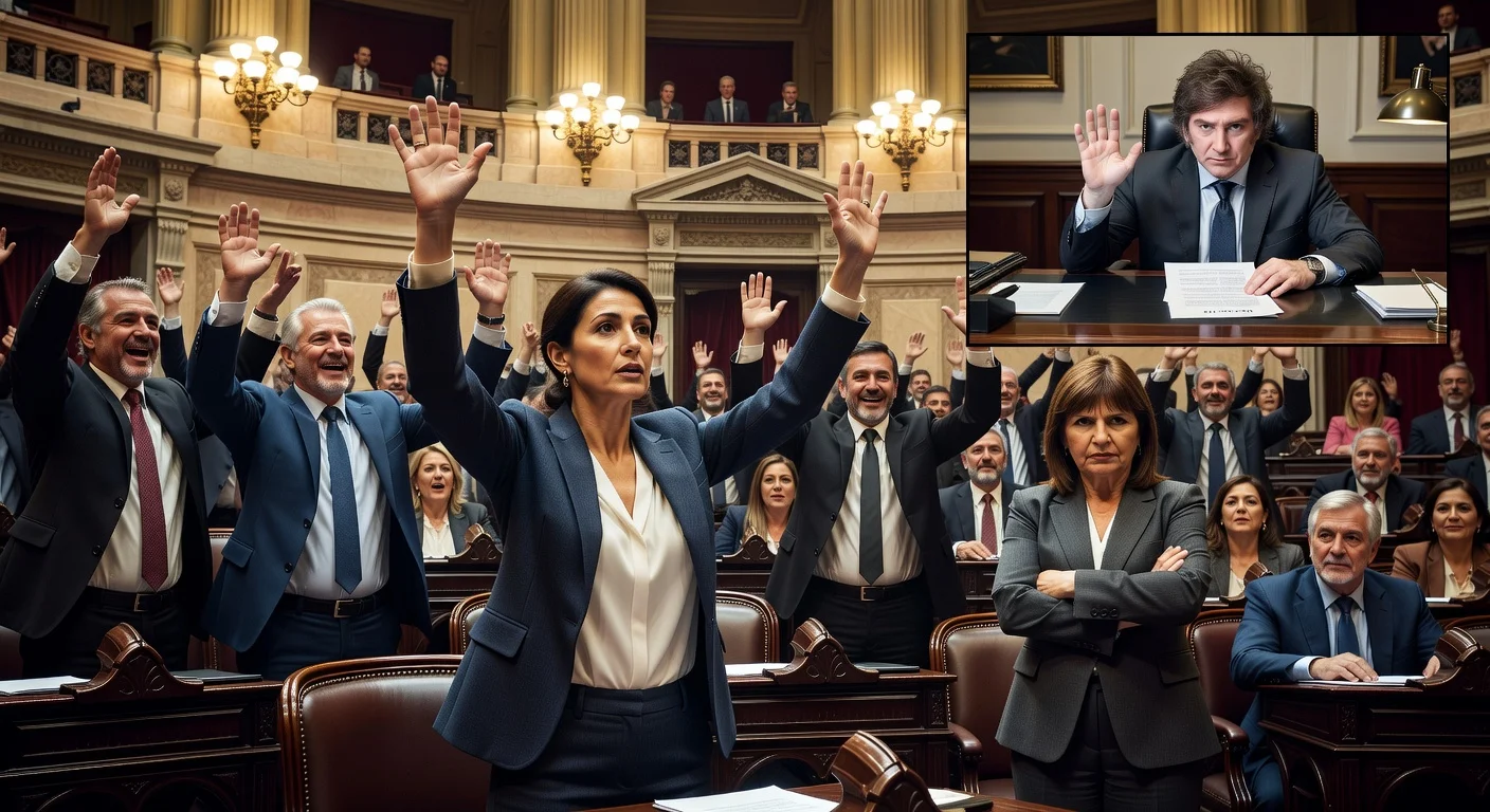 Illustration of the Senate vote on Michelli's judicial nomination with Bullrich abstaining and Milei's refusal to sign.