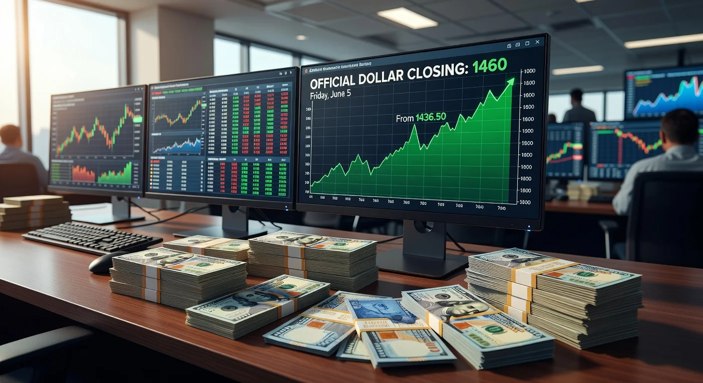 Illustration of rising dollar exchange rate to 1460 with financial charts and currency notes.