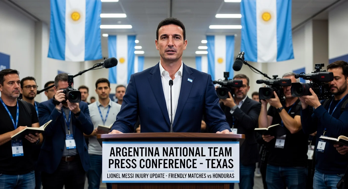 Lionel Scaloni speaking at a press conference about Messi and Argentina team injuries.