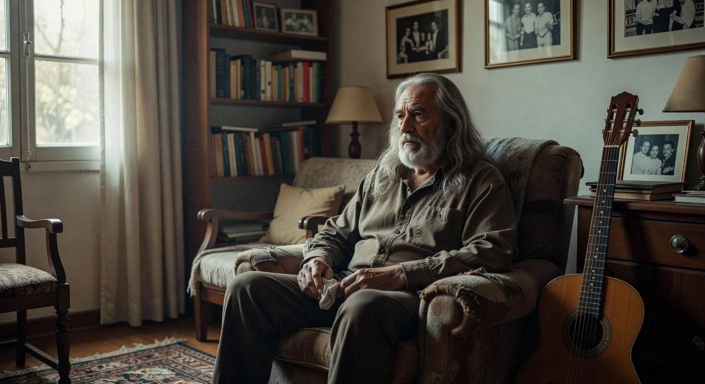 Realistic portrait of musician Indio Solari at home in Parque Leloir, somber atmosphere for news article on his passing.