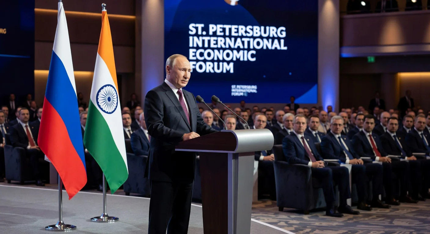 Vladimir Putin speaking at SPIEF podium with Russian and Indian flags