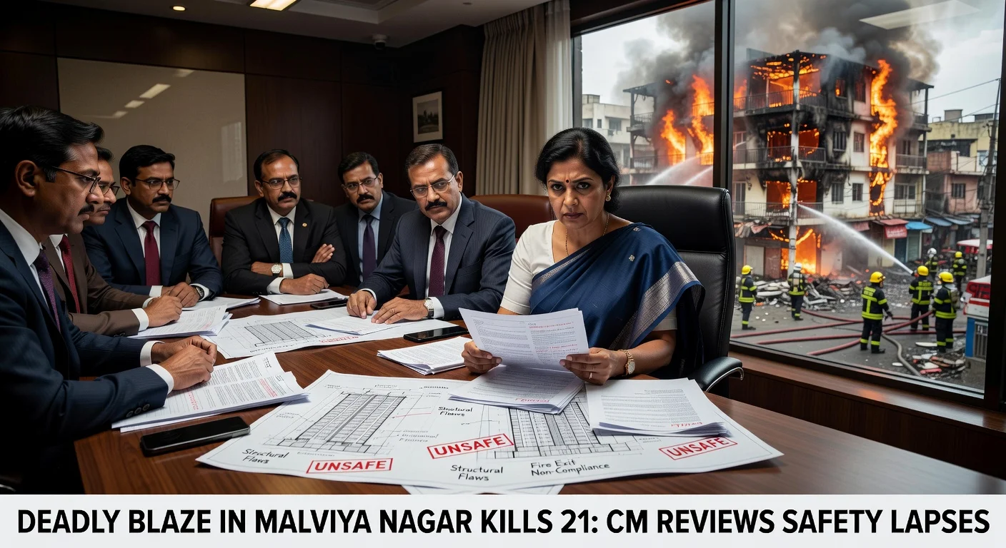 Delhi Chief Minister reviewing fire safety after Malviya Nagar blaze that killed 21.