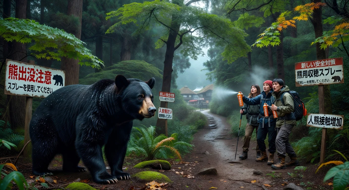 Photorealistic news illustration of a bear in a Japanese forest with hikers and warning signs highlighting safety concerns.