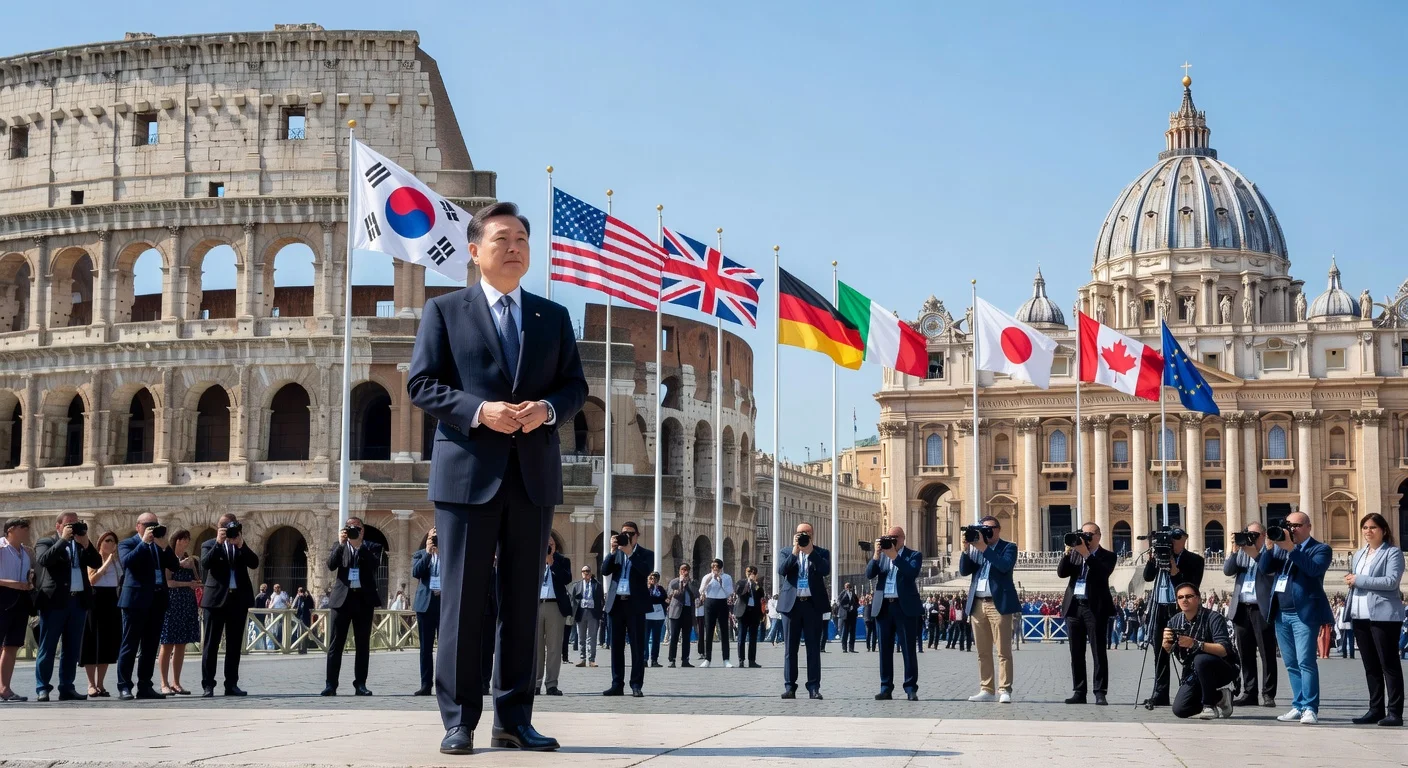 President Lee Jae Myung attending the G7 summit in Europe with Italian and Vatican landmarks in the background