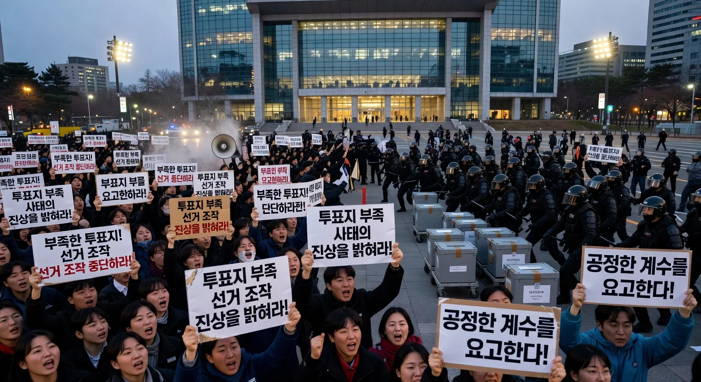 Protesters surrounding a vote counting facility in Seoul with police securing ballot boxes