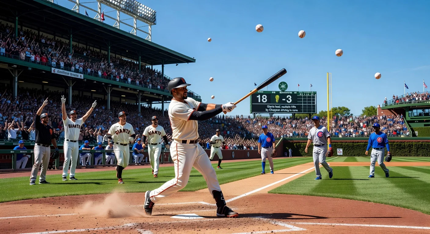 Matt Chapman of the Giants hitting a home run in an 18-3 win over the Cubs at Wrigley Field