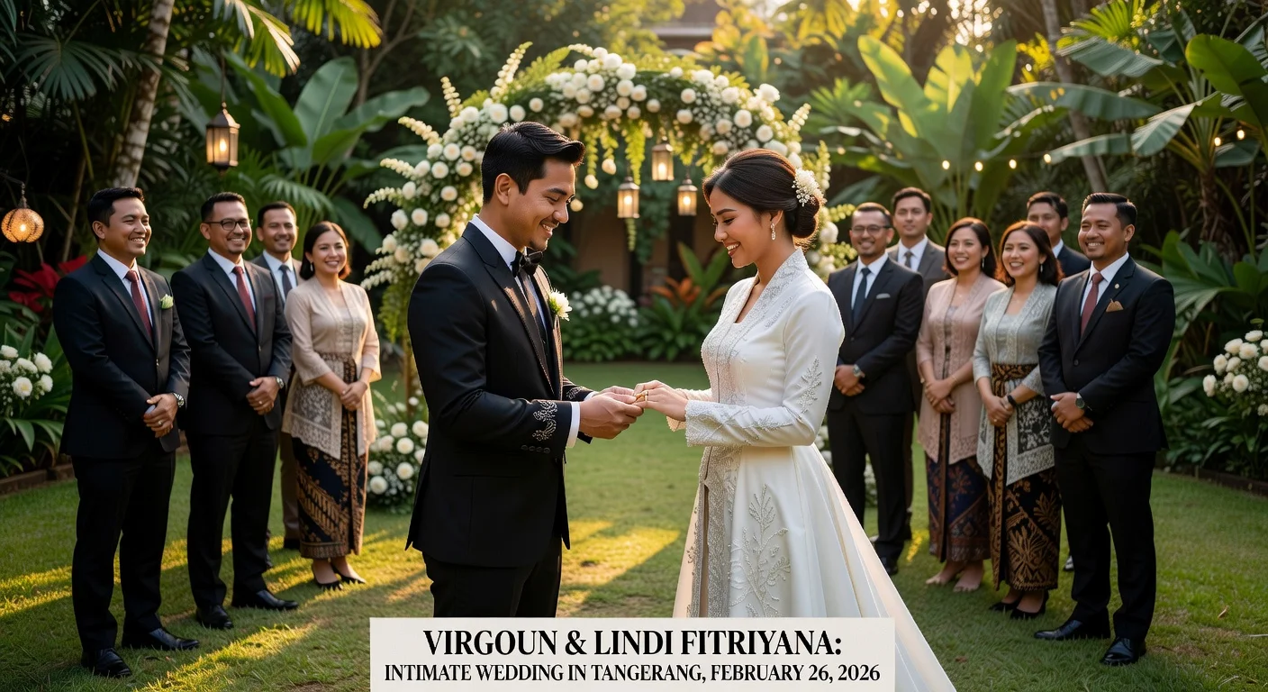 Photorealistic illustration of singer Virgoun and Lindi Fitriyana's private wedding ceremony in Tangerang, surrounded by family.