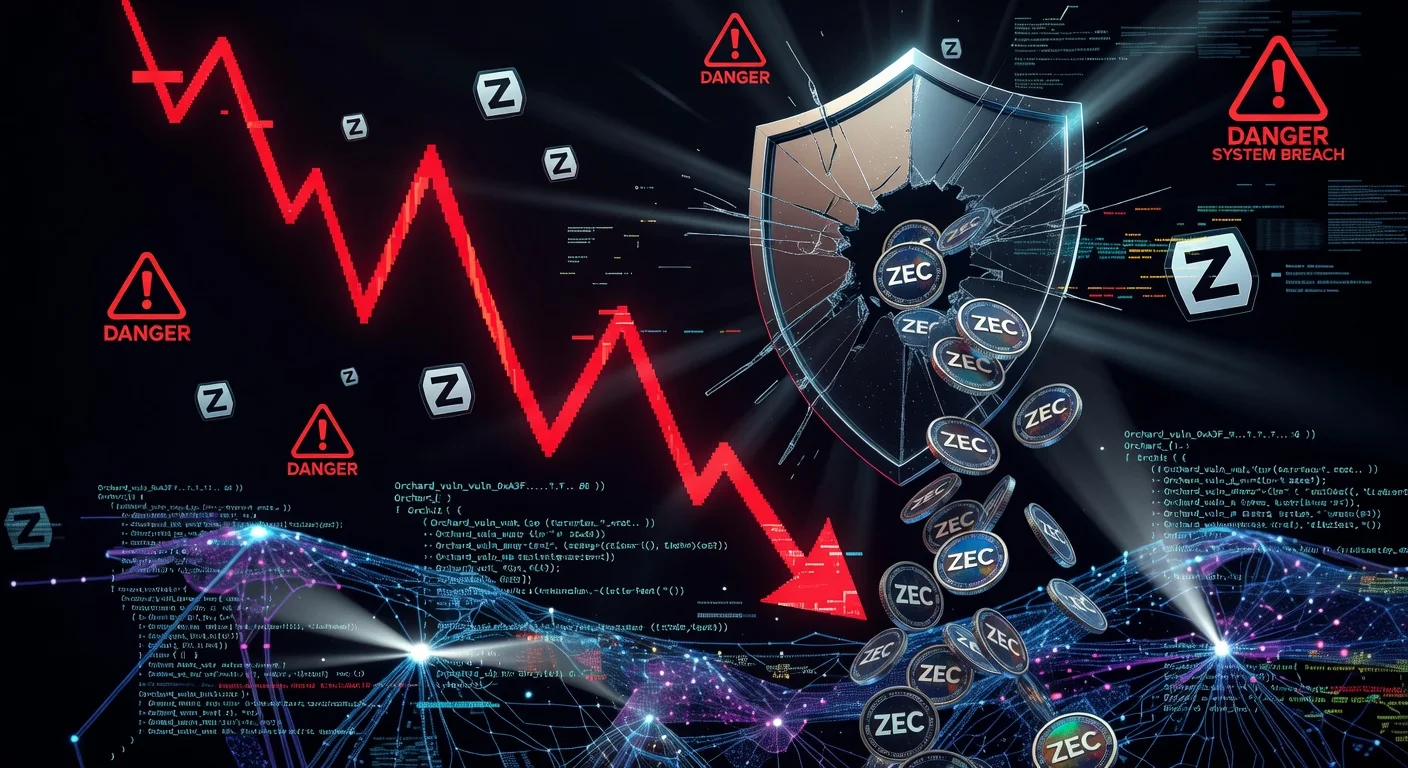 Illustration of Zcash price drop after Orchard vulnerability disclosure showing cracked shield and falling chart